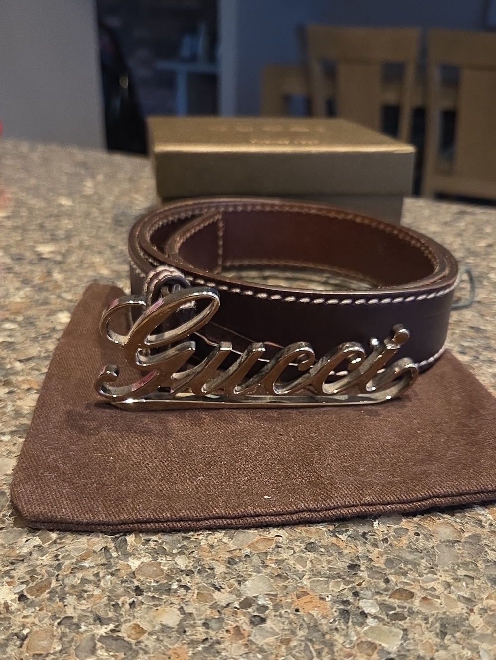 Gucci Dark Brown Leather Belt with Silver Script Logo Buckle